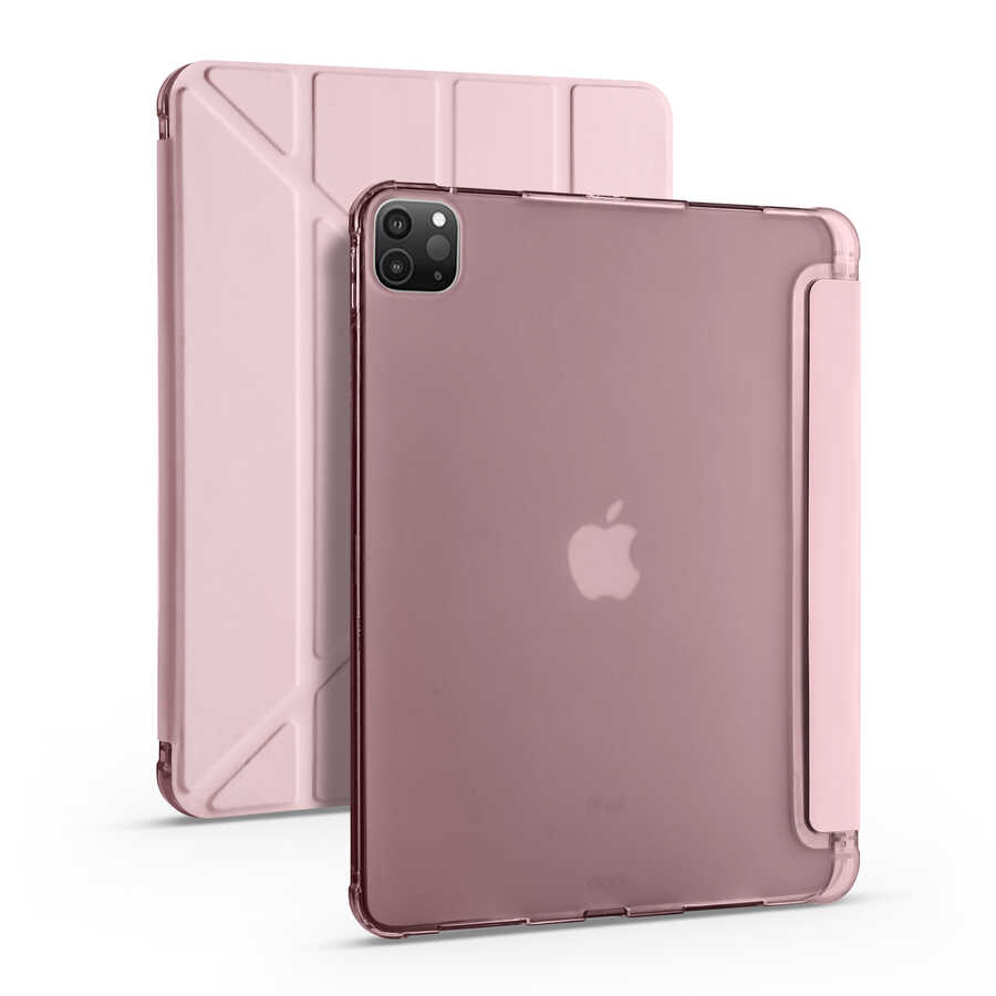 iPad Uyumlu Pro 12.9 2022 M2 Kılıf Tuhatu Tri Folding Kalem Bölmeli Standlı Kılıf-Rose gold