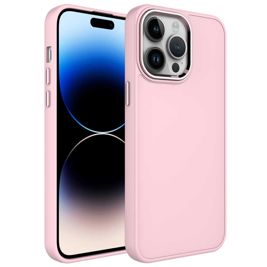 iPhone Uyumlu 13 Pro Kılıf Metal Çerçeve ve Buton Tasarımlı Silikon Tuhatu Luna Kapak-Pembe