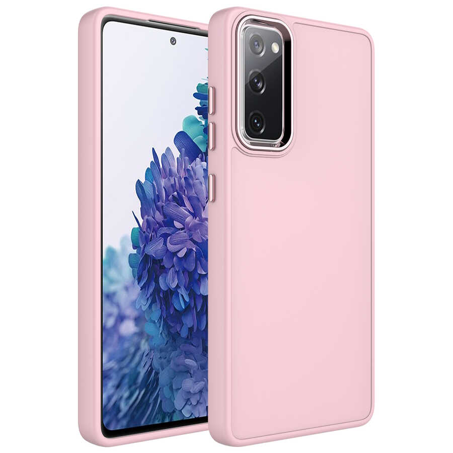 Galaxy Uyumlu S20 FE Kılıf Metal Çerçeve ve Buton Tasarımlı Silikon Tuhatu Luna Kapak-Pembe