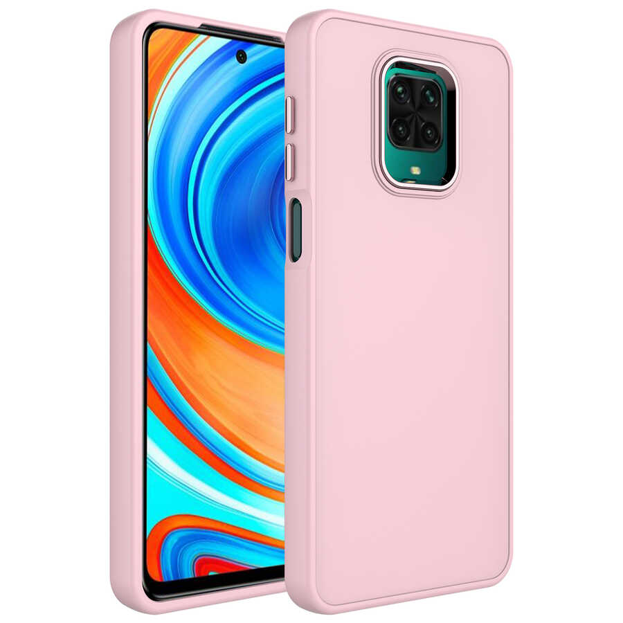 Xiaomi Uyumlu Redmi Note 9S Kılıf Metal Çerçeve ve Buton Tasarımlı Silikon Tuhatu Luna Kapak-Pembe