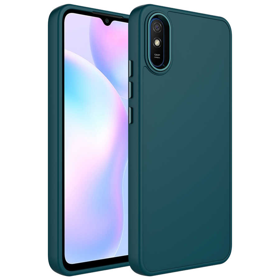 Xiaomi Uyumlu Redmi 9A Kılıf Metal Çerçeve ve Buton Tasarımlı Silikon Tuhatu Luna Kapak-Koyu yeşil