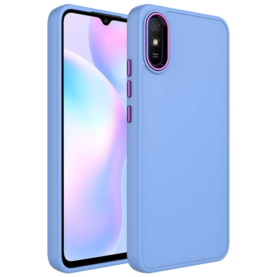 Xiaomi Uyumlu Redmi 9A Kılıf Metal Çerçeve ve Buton Tasarımlı Silikon Tuhatu Luna Kapak-Lila