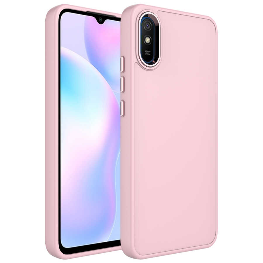 Xiaomi Uyumlu Redmi 9A Kılıf Metal Çerçeve ve Buton Tasarımlı Silikon Tuhatu Luna Kapak-Pembe