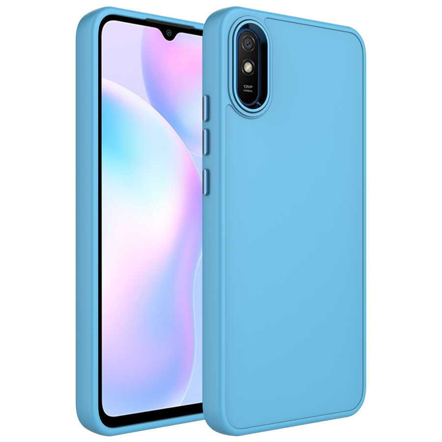 Xiaomi Uyumlu Redmi 9A Kılıf Metal Çerçeve ve Buton Tasarımlı Silikon Tuhatu Luna Kapak-Sierra mavi