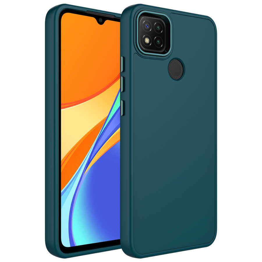 Xiaomi Uyumlu Redmi 9C Kılıf Metal Çerçeve ve Buton Tasarımlı Silikon Tuhatu Luna Kapak-Koyu yeşil