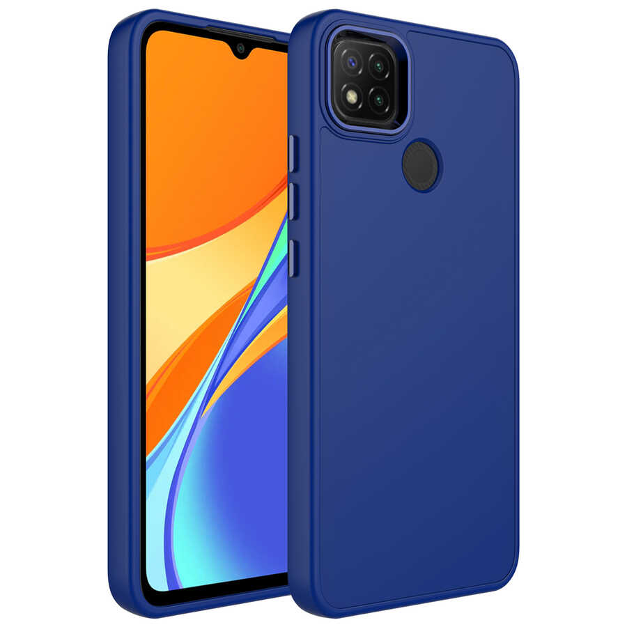 Xiaomi Uyumlu Redmi 9C Kılıf Metal Çerçeve ve Buton Tasarımlı Silikon Tuhatu Luna Kapak-Lacivert