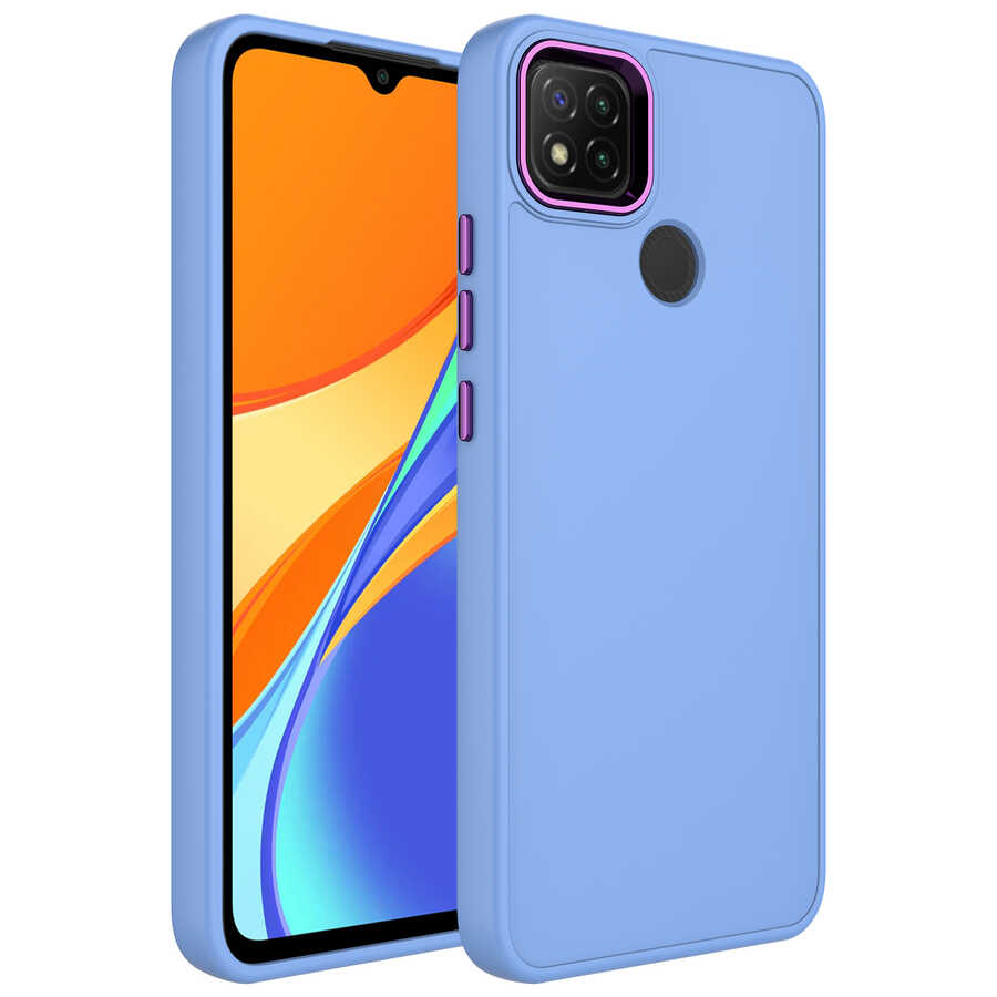 Xiaomi Uyumlu Redmi 9C Kılıf Metal Çerçeve ve Buton Tasarımlı Silikon Tuhatu Luna Kapak-Lila