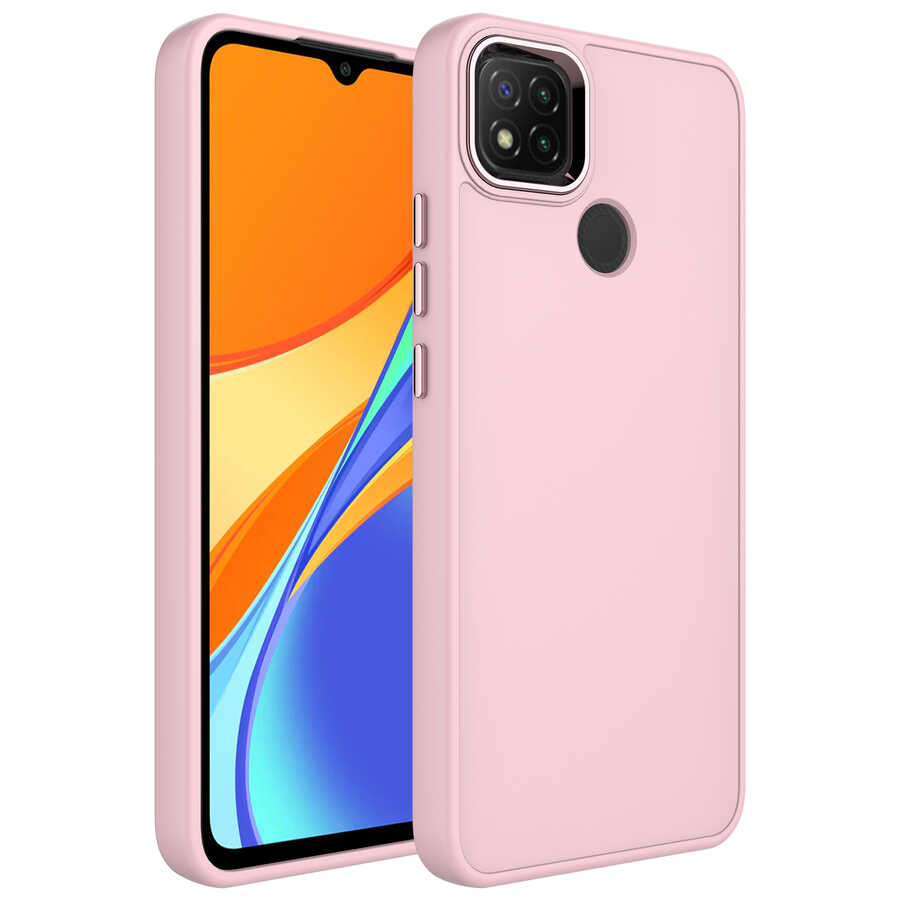 Xiaomi Uyumlu Redmi 9C Kılıf Metal Çerçeve ve Buton Tasarımlı Silikon Tuhatu Luna Kapak-Pembe