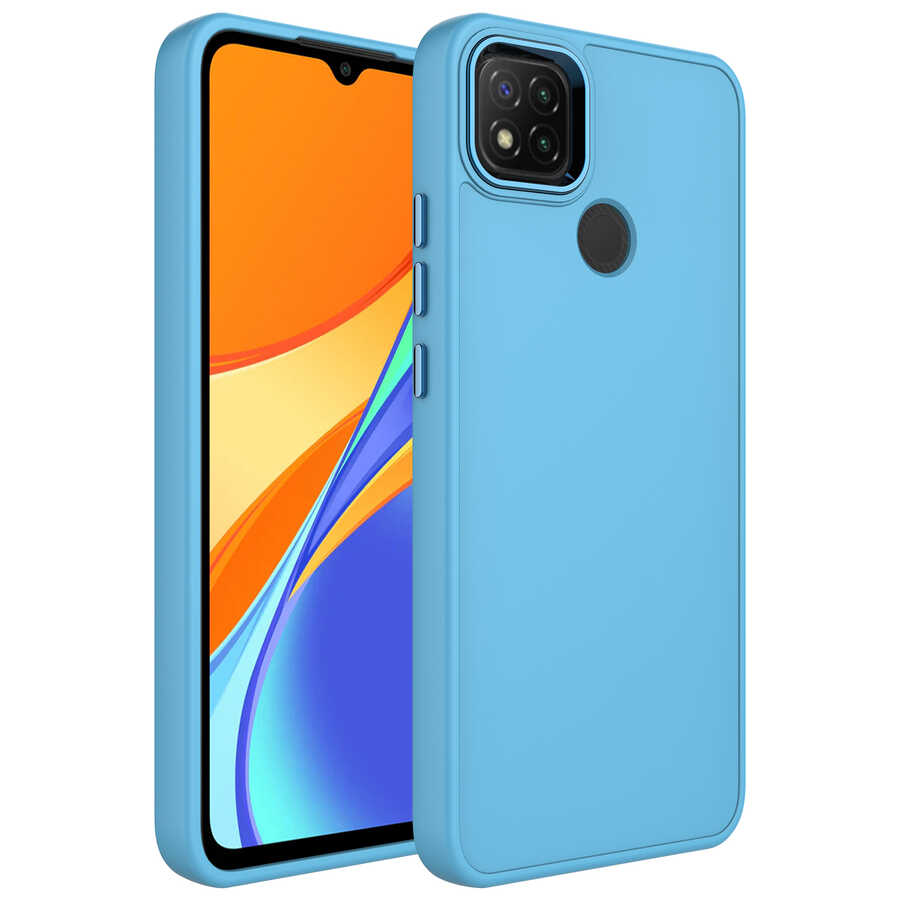 Xiaomi Uyumlu Redmi 9C Kılıf Metal Çerçeve ve Buton Tasarımlı Silikon Tuhatu Luna Kapak-Sierra mavi