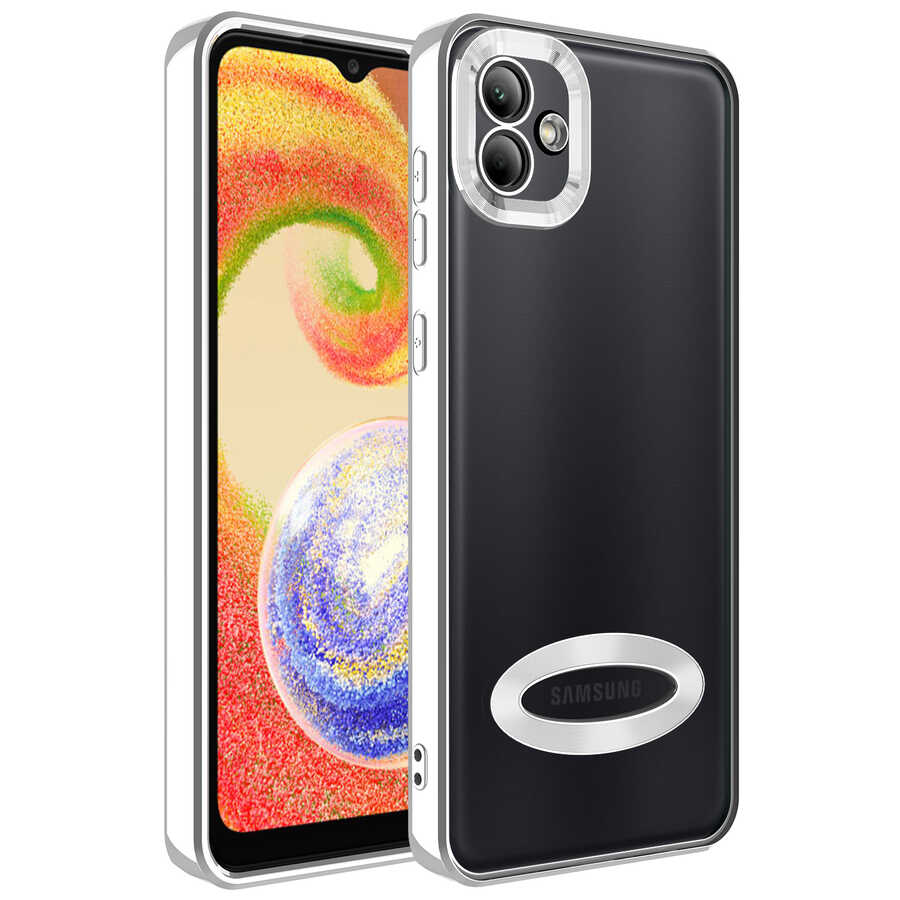 Galaxy Uyumlu A03 Kılıf Kamera Korumalı Logo Gösteren Tuhatu Omega Kapak-Gümüş