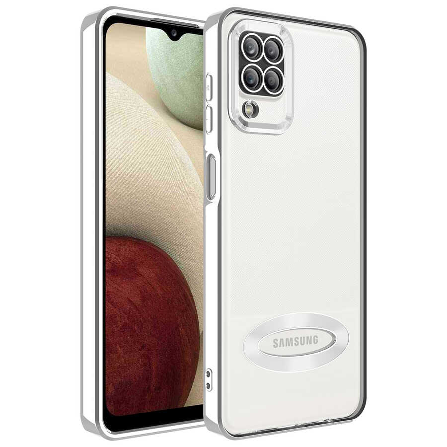 Galaxy Uyumlu A12 Kılıf Kamera Korumalı Logo Gösteren Tuhatu Omega Kapak-Gümüş