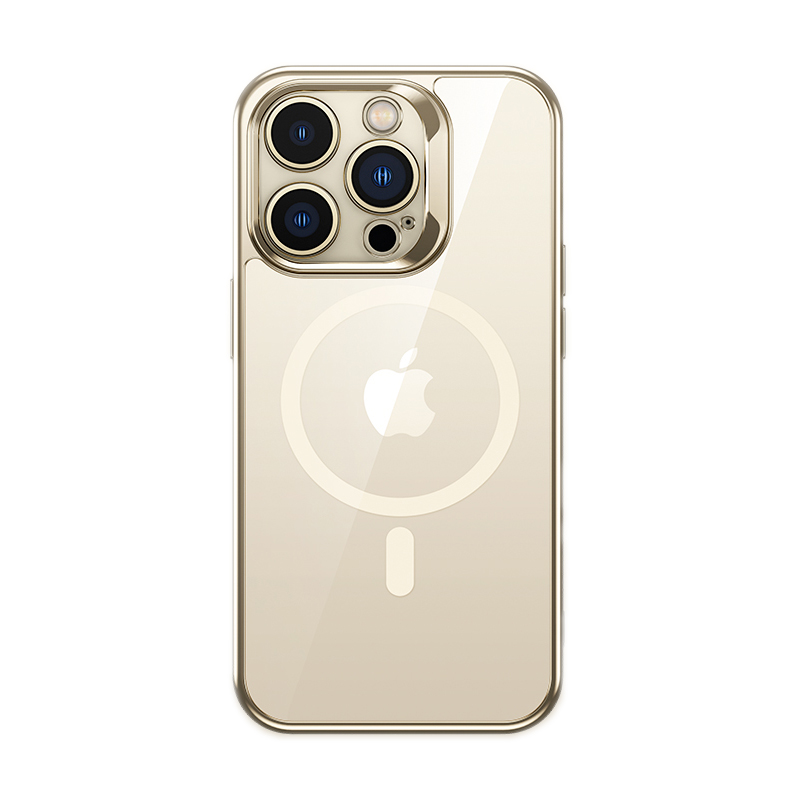 iPhone Uyumlu 14 Pro Max Kılıf Magsafe Şarj Özellikli Premium Cam Arka Yüzey Benks Electroplated Kapak-Gold