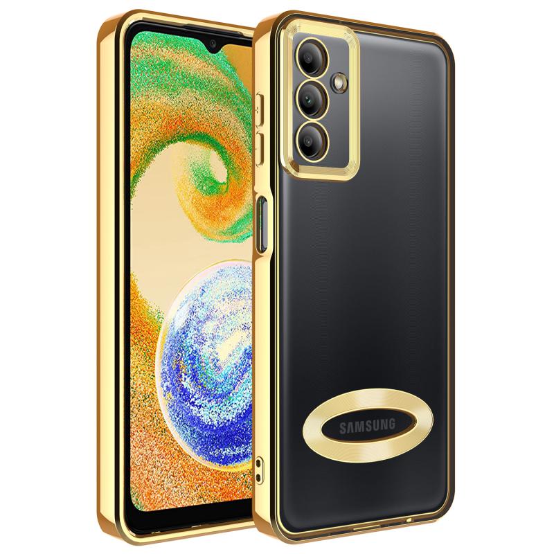 Galaxy Uyumlu A04S Kılıf Kamera Korumalı Logo Gösteren Tuhatu Omega Kapak-Gold