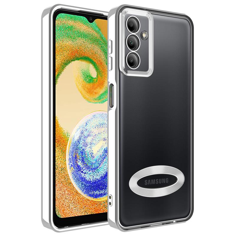 Galaxy Uyumlu A04S Kılıf Kamera Korumalı Logo Gösteren Tuhatu Omega Kapak-Gümüş