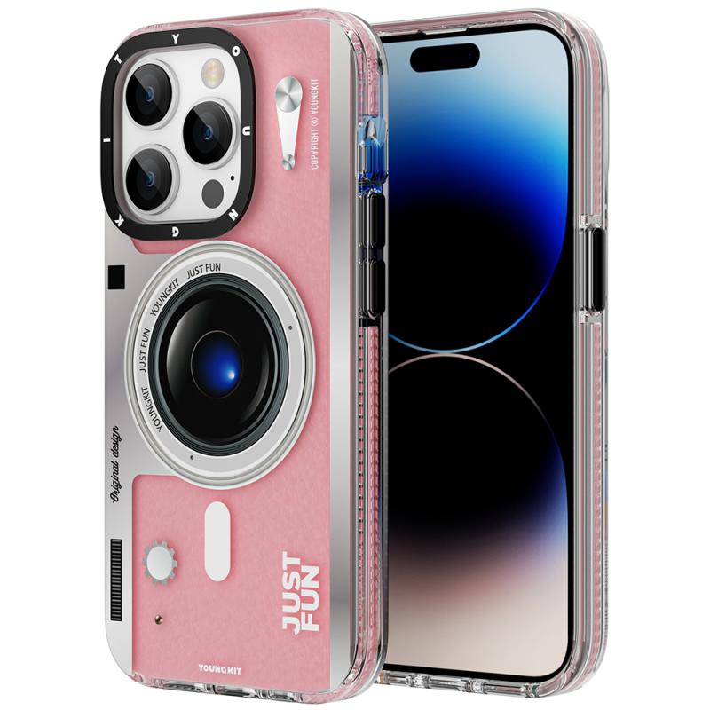 iPhone Uyumlu 14 Pro Max Kılıf Magsafe Şarj Özellikli Lens Figürlü YoungKit Art Film Serisi Kapak-Pembe