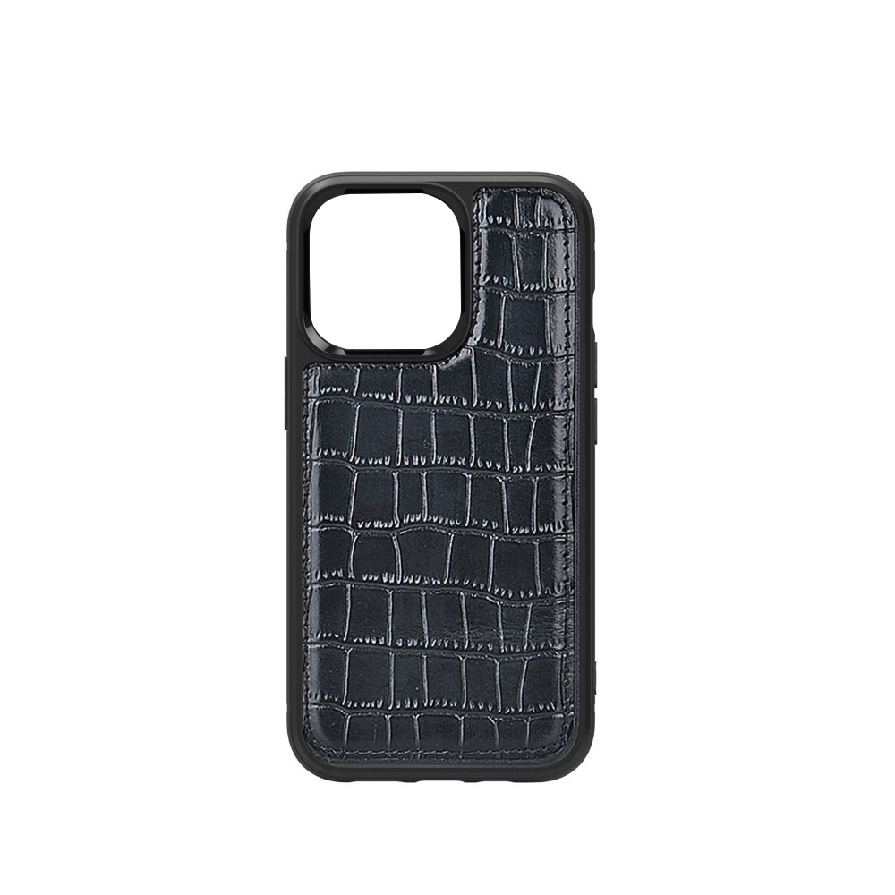 iPhone Uyumlu 13 Kılıf Wiwu Croco Pattern Calfskin Orjinal Deri Kapak-Siyah