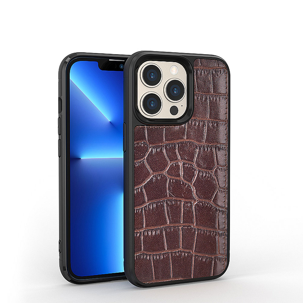 iPhone Uyumlu 13 Pro Kılıf Wiwu Croco Pattern Calfskin Orjinal Deri Kapak-Kahverengi