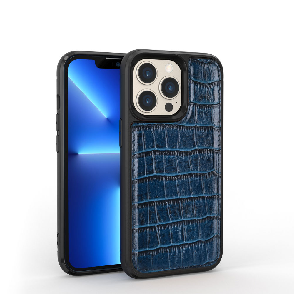 iPhone Uyumlu 13 Pro Kılıf Wiwu Croco Pattern Calfskin Orjinal Deri Kapak-Mavi