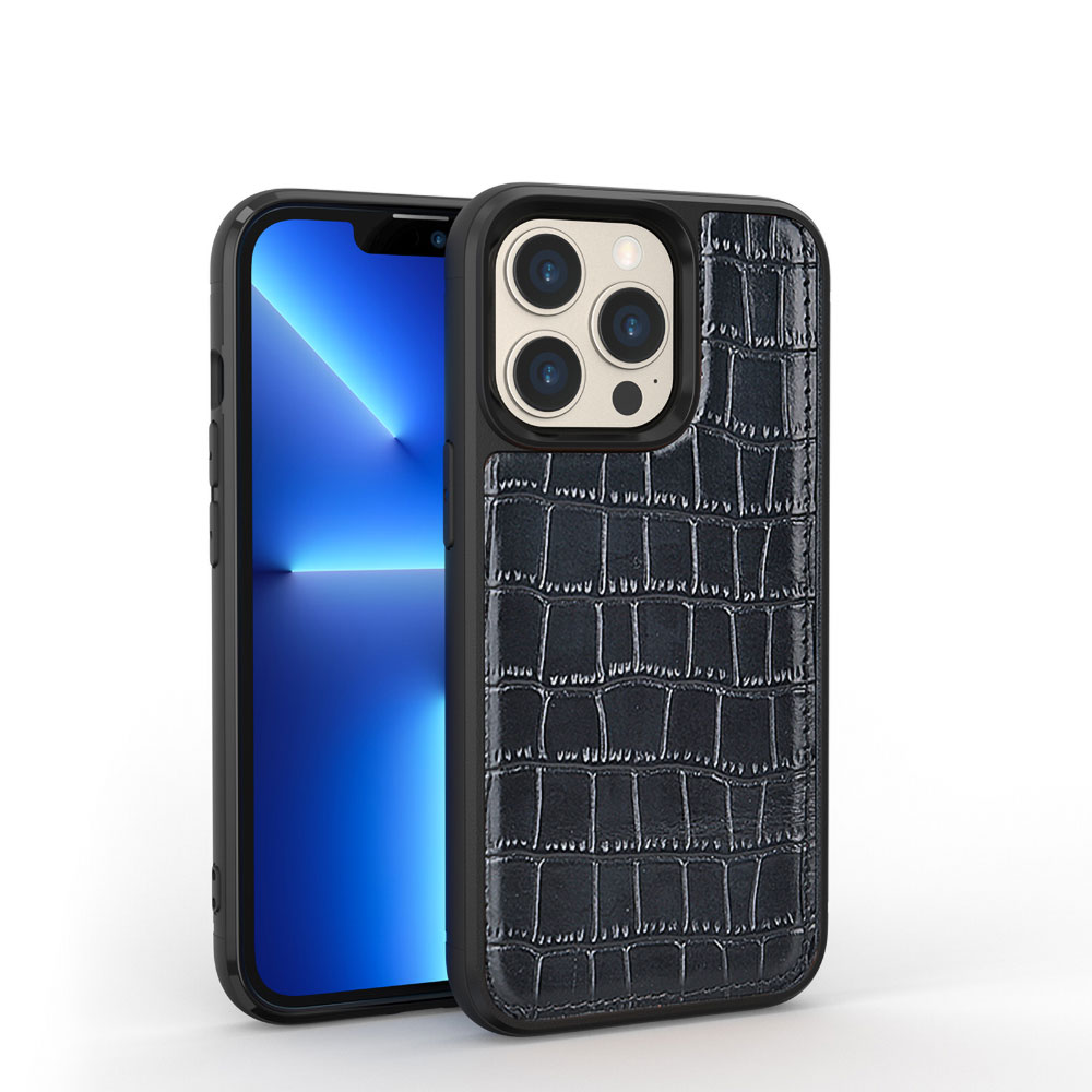 iPhone Uyumlu 13 Pro Kılıf Wiwu Croco Pattern Calfskin Orjinal Deri Kapak-Siyah