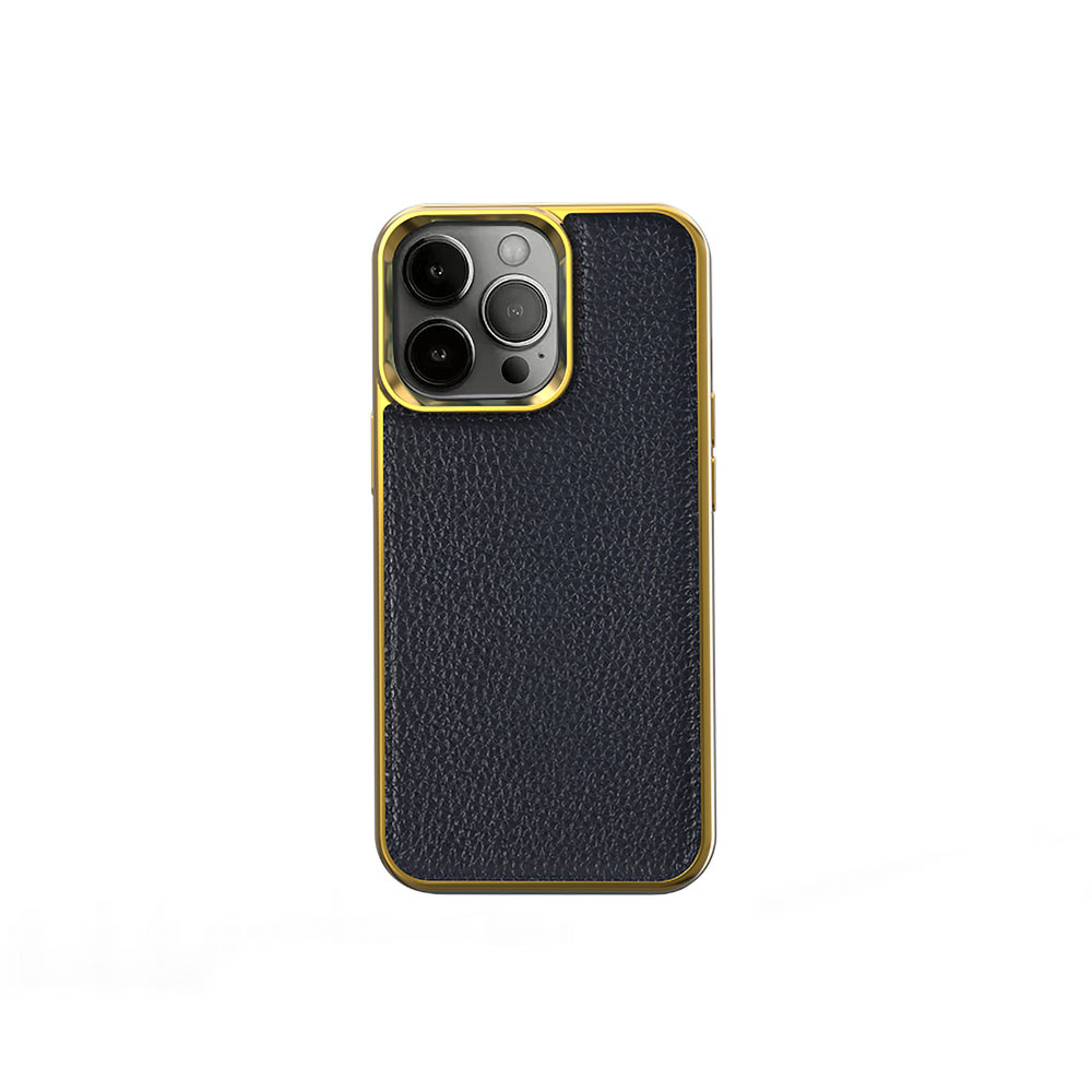 iPhone Uyumlu 13 Pro Kılıf Wiwu Genuine Leather Gold Calfskin Orjinal Deri Kapak-Mavi