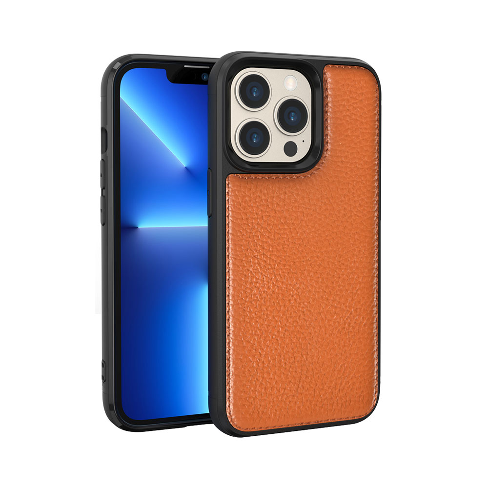 iPhone Uyumlu 13 Pro Kılıf Wiwu Genuine Leather Taşotic Calfskin Orjinal Deri Kapak-Kahverengi