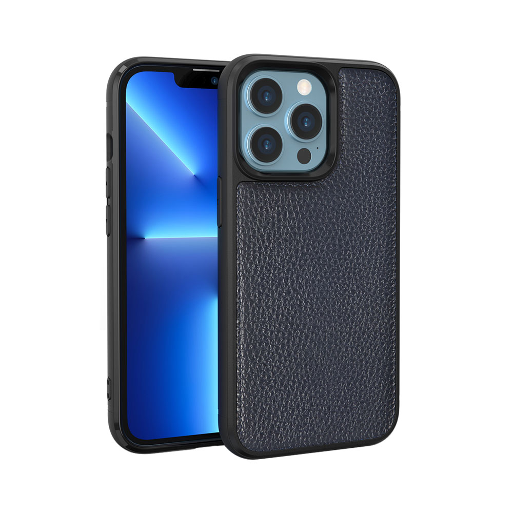 iPhone Uyumlu 13 Pro Kılıf Wiwu Genuine Leather Taşotic Calfskin Orjinal Deri Kapak-Mavi