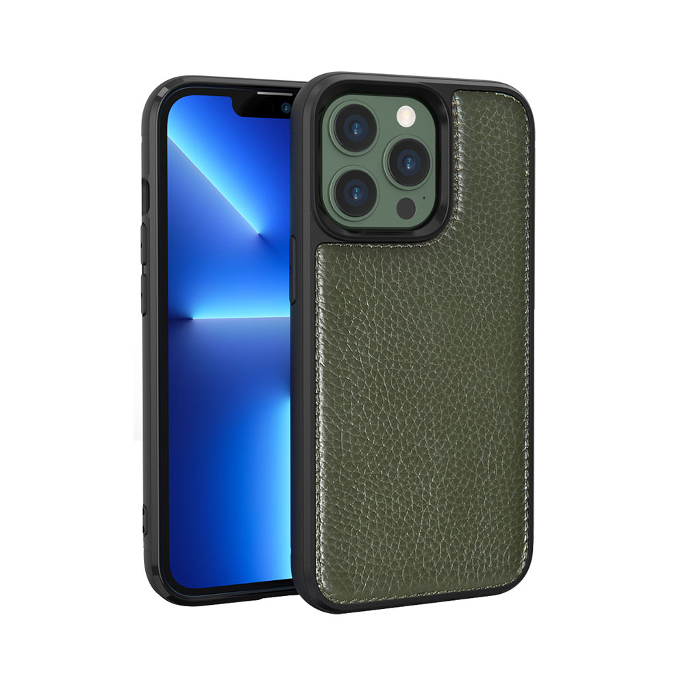 iPhone Uyumlu 13 Pro Kılıf Wiwu Genuine Leather Taşotic Calfskin Orjinal Deri Kapak-Yeşil