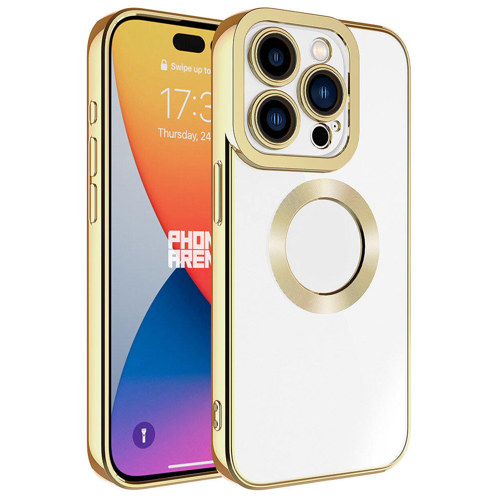 iPhone Uyumlu 15 Pro Max Kılıf Kamera Korumalı Logo Gösteren Tuhatu Omega Kapak-Gold