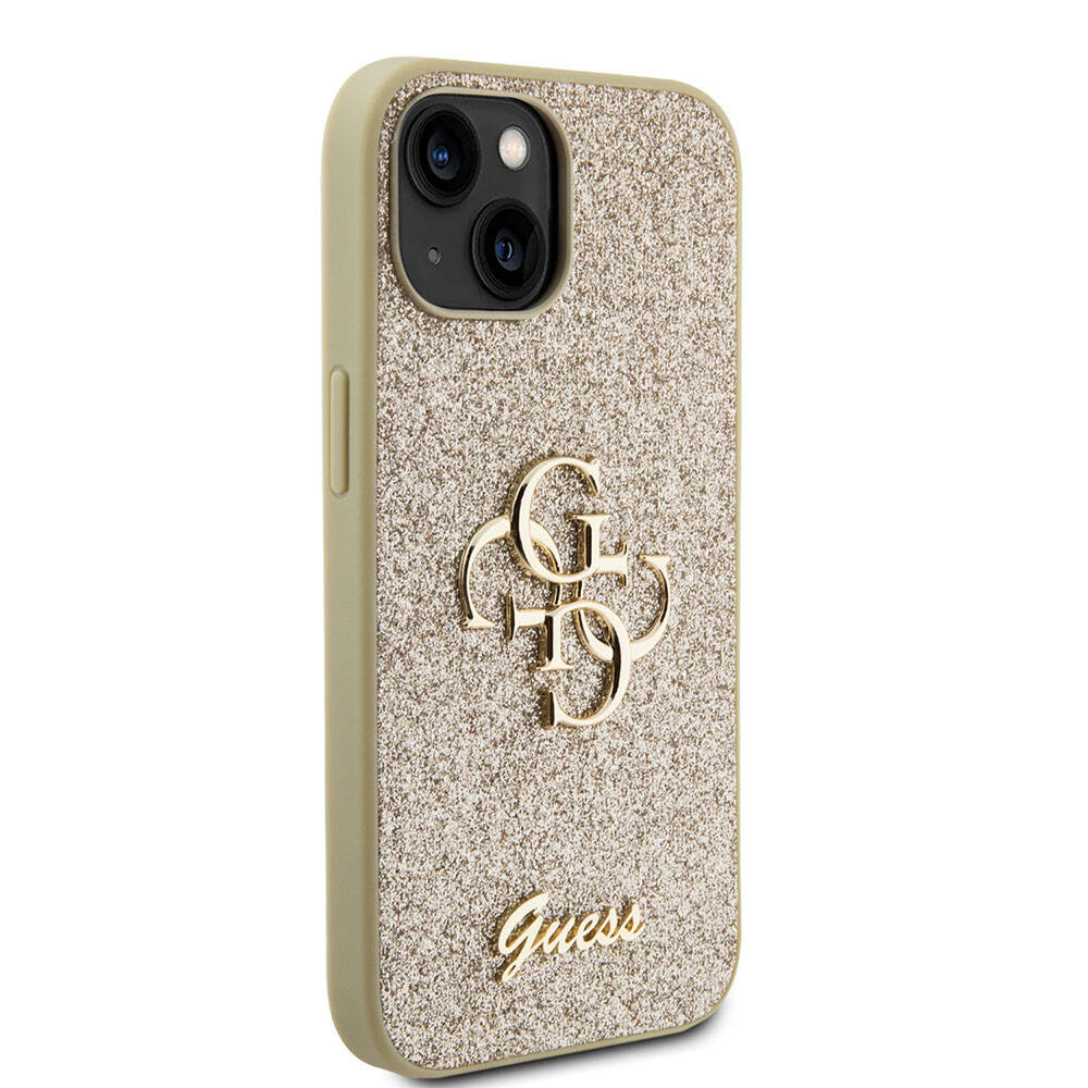 iPhone Uyumlu 15 Kılıf Guess Orjinal Lisanslı 4G Büyük Metal Logolu Glitter Kapak-Gold