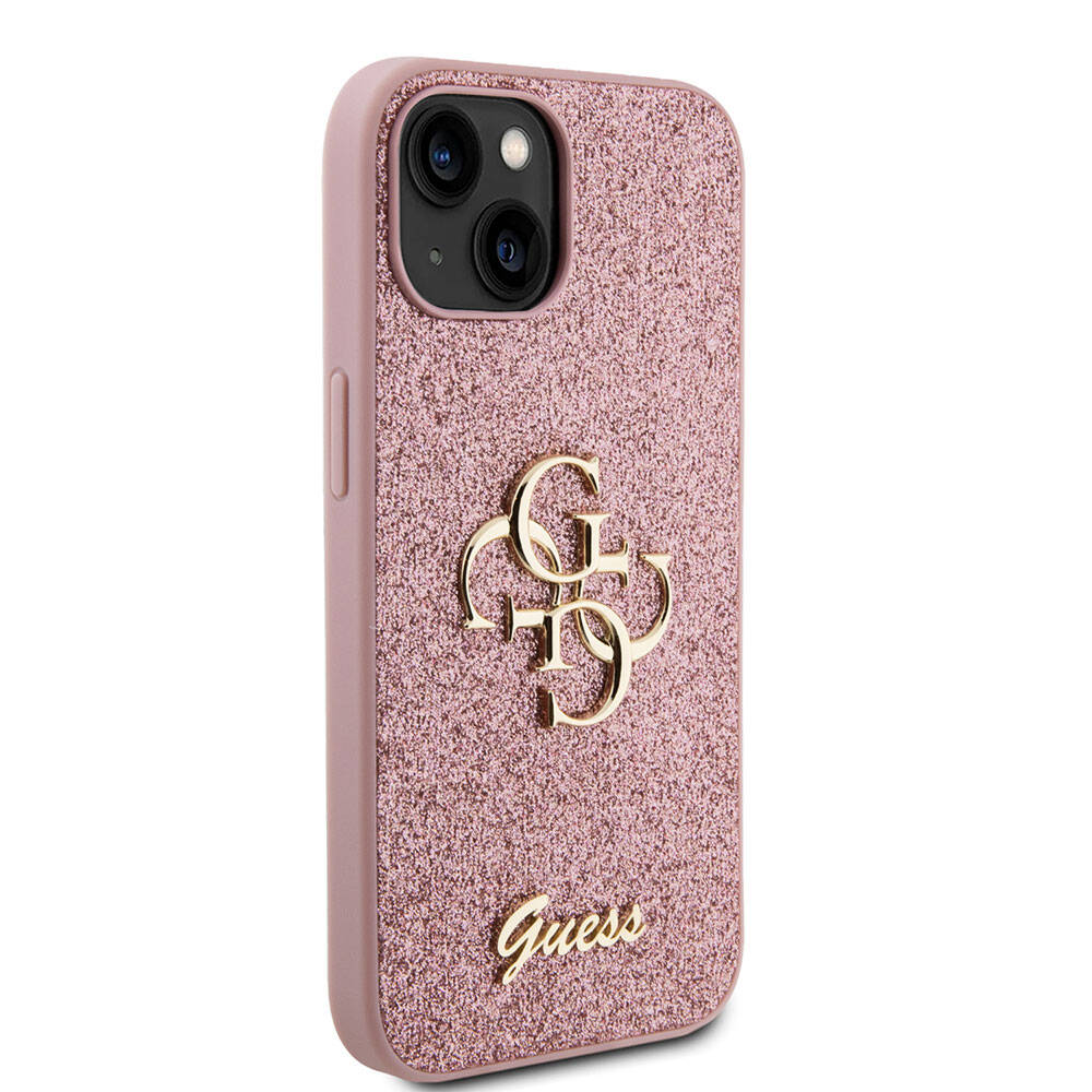 iPhone Uyumlu 15 Kılıf Guess Orjinal Lisanslı 4G Büyük Metal Logolu Glitter Kapak-Pembe