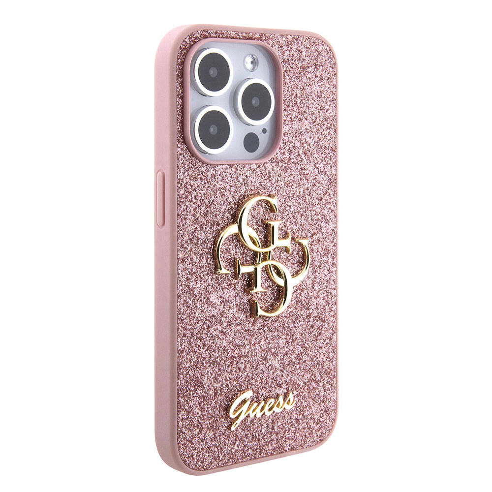 iPhone Uyumlu 15 Pro Kılıf Guess Orjinal Lisanslı 4G Büyük Metal Logolu Glitter Kapak-Pembe