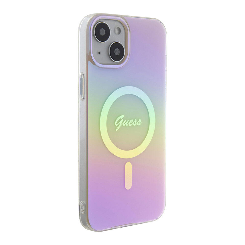 iPhone Uyumlu 15 Kılıf Guess Orjinal Lisanslı Magsafe Şarj Özellikli Yazı Logolu Iridescent Kapak-Pembe