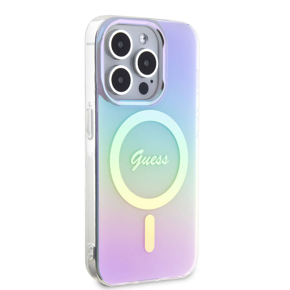 iPhone Uyumlu 15 Pro Kılıf Guess Orjinal Lisanslı Magsafe Şarj Özellikli Yazı Logolu Iridescent Kapak-Mor