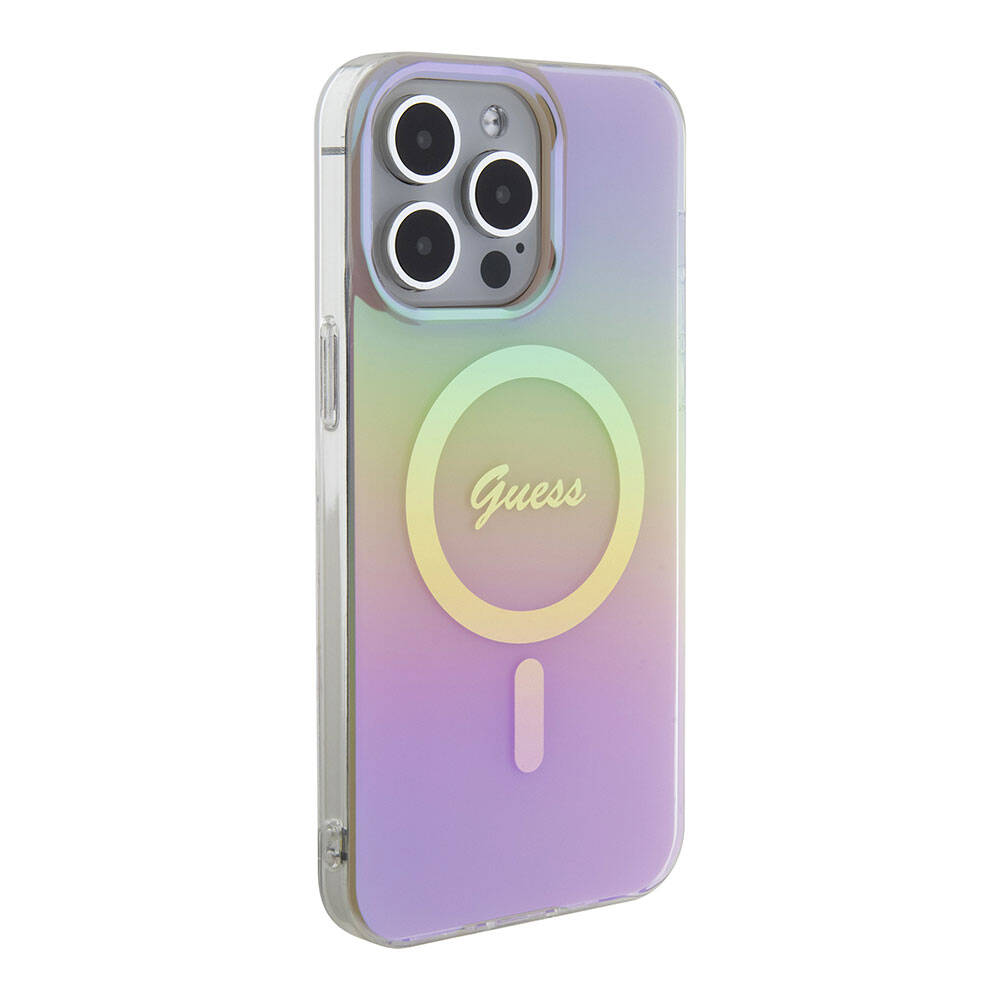 iPhone Uyumlu 15 Pro Kılıf Guess Orjinal Lisanslı Magsafe Şarj Özellikli Yazı Logolu Iridescent Kapak-Pembe