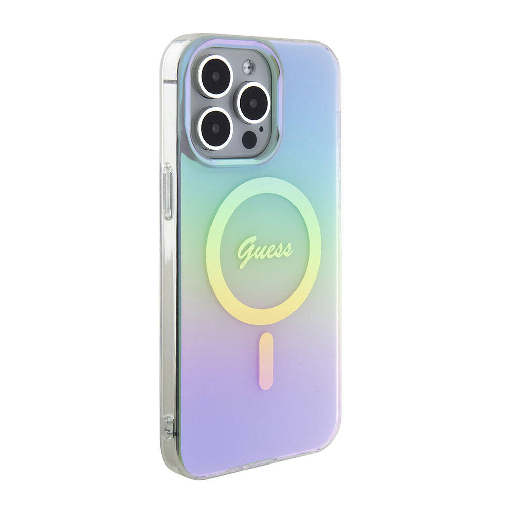 iPhone Uyumlu 15 Pro Kılıf Guess Orjinal Lisanslı Magsafe Şarj Özellikli Yazı Logolu Iridescent Kapak-Turkuaz