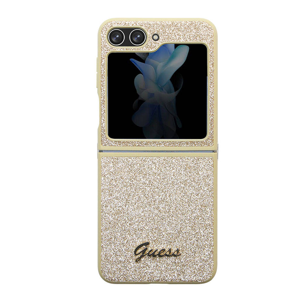 Galaxy Uyumlu Z Flip 5 Kılıf Guess Orjinal Lisanslı Yazı Logolu Glitter Script Kapak-Gold