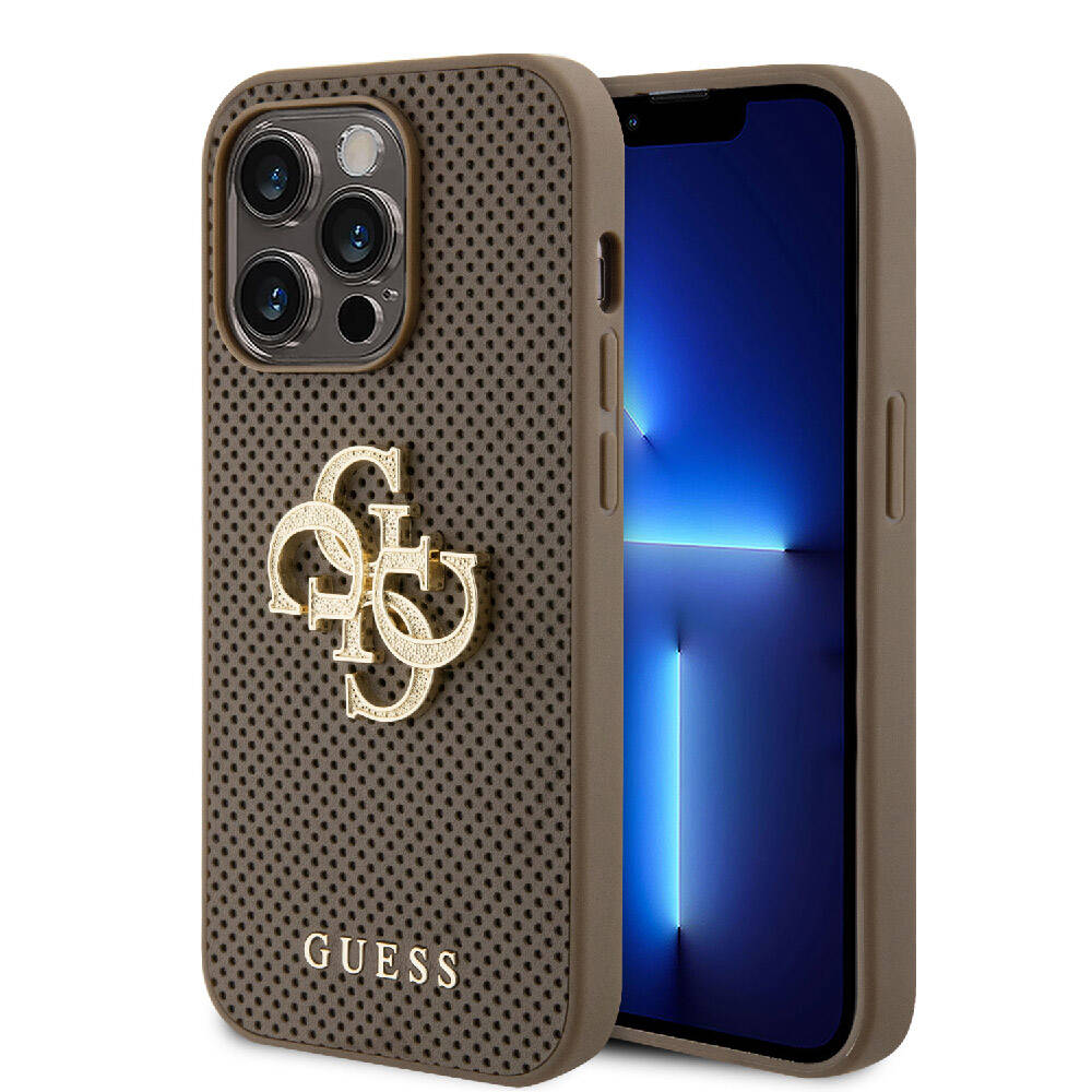 iPhone Uyumlu 15 Pro Kılıf Guess Orjinal Lisanslı Delikli Yazı ve 4G Glitter Büyük Metal Logolu Kapak-Kahverengi