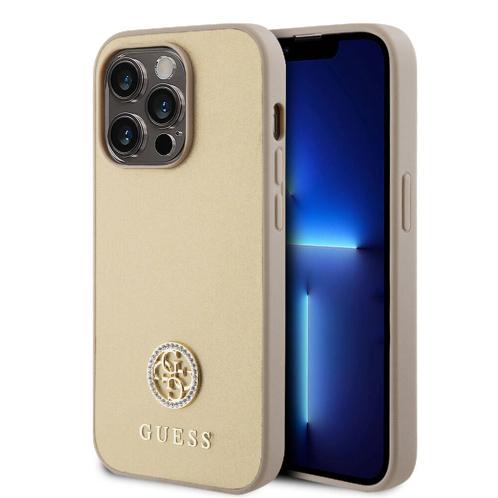 iPhone Uyumlu 15 Pro Kılıf Guess Orjinal Lisanslı Deri 4G Metal Logo Strass Kapak-Gold