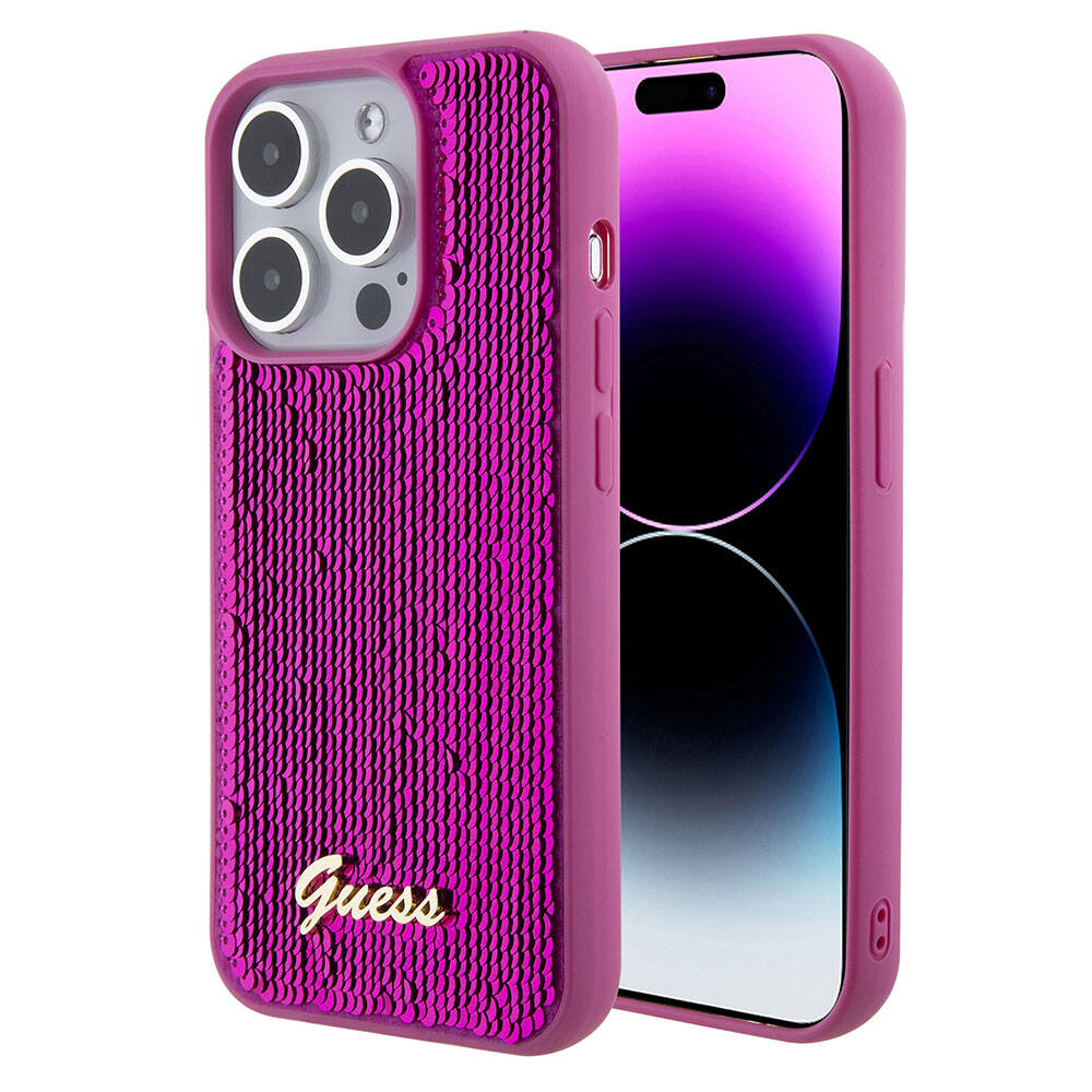 iPhone Uyumlu 15 Pro Kılıf Guess Orjinal Lisanslı Pullu Arka Yüzey Metal Yazı Logolu Sequin Script Kapak-Pembe