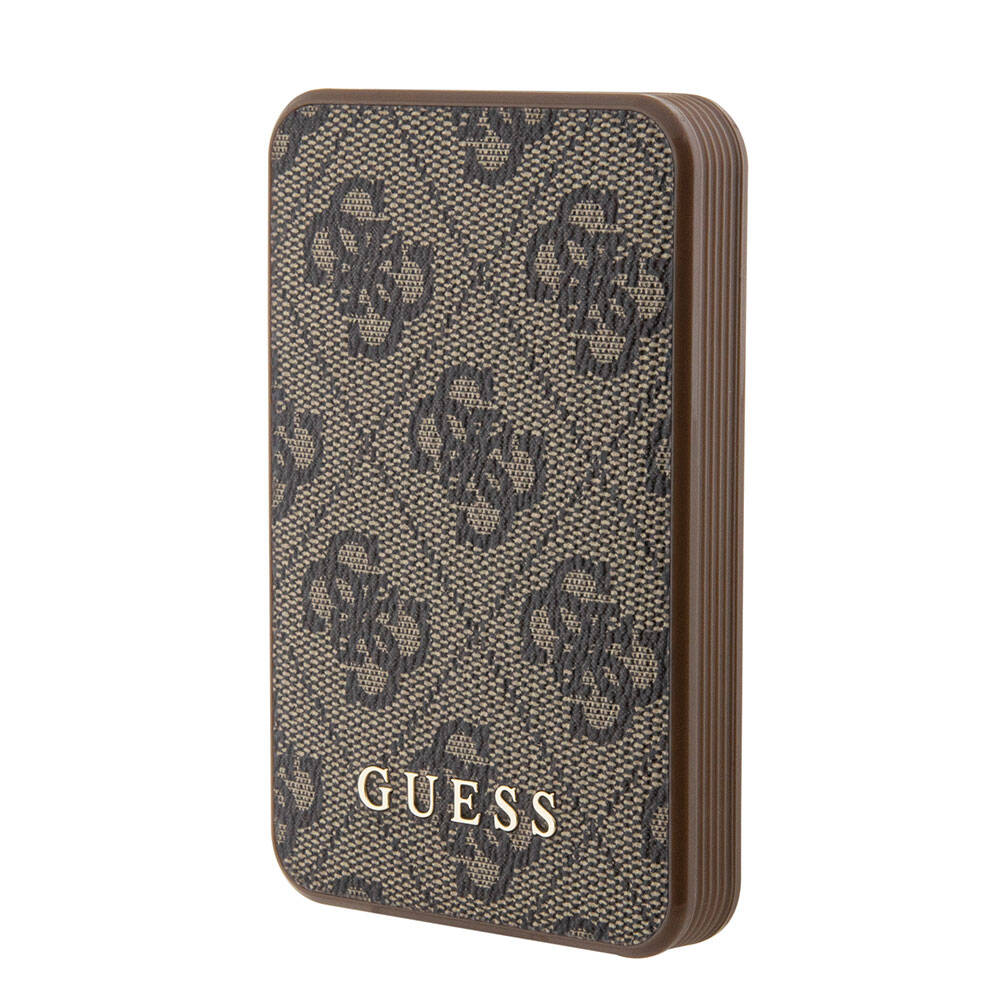 Guess Orjinal Lisanslı PU Deri 4G Desenli Metal Yazı Logolu Powerbank 5000mAh-Kahverengi