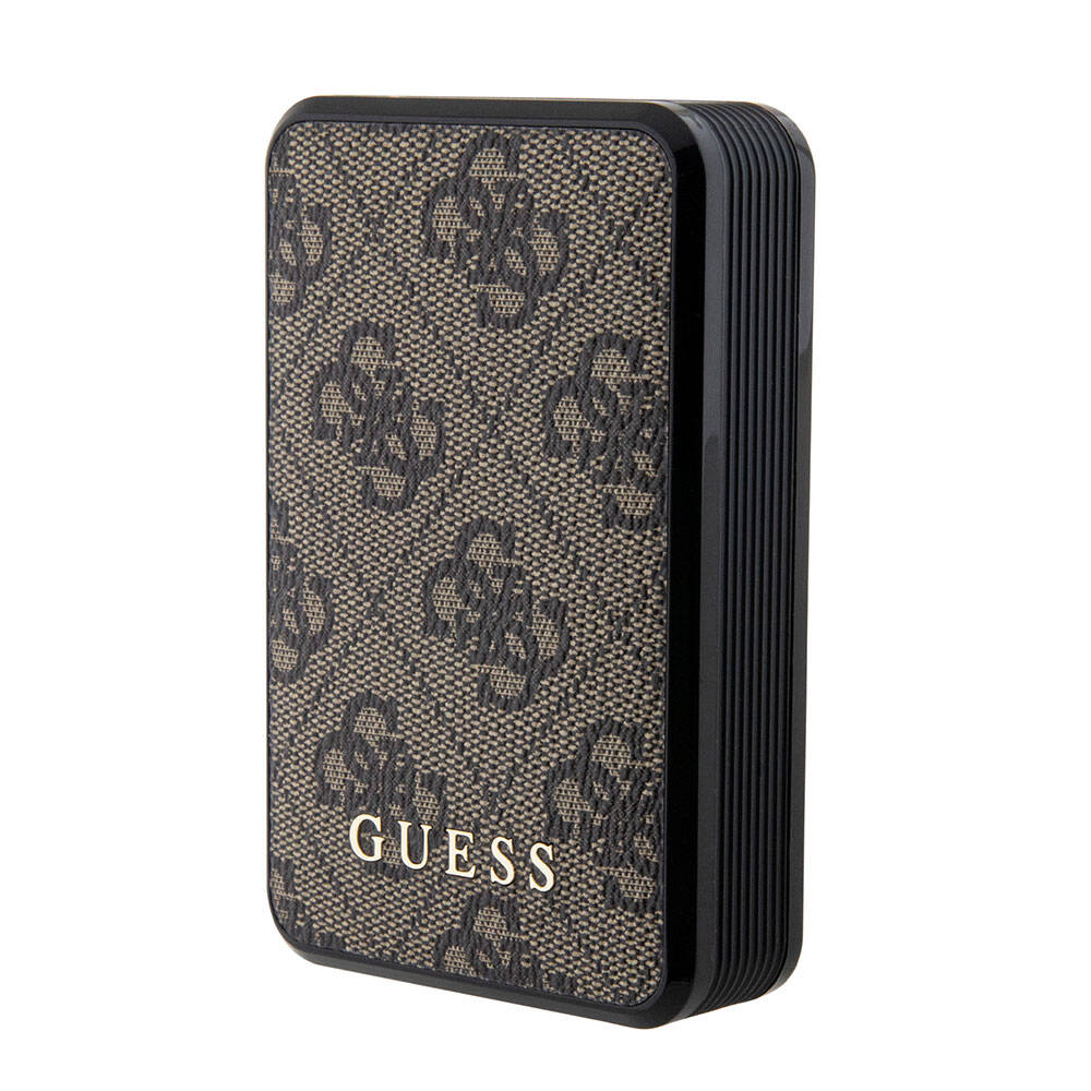 Guess Orjinal Lisanslı Dijital Led Göstergeli PU Deri 4G Desenli Metal Yazı Logolu Powerbank 10000mAh 18W-Kahverengi