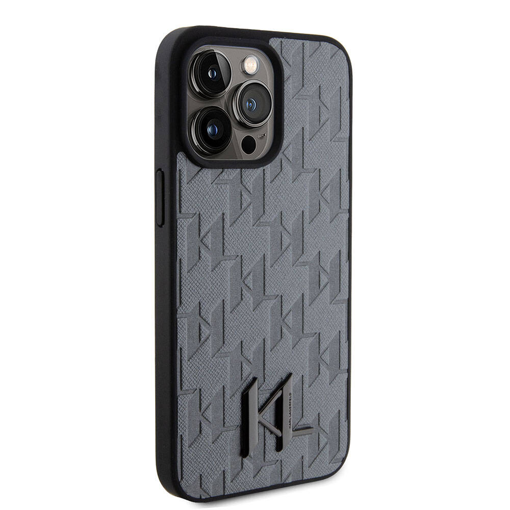 iPhone Uyumlu 15 Pro Max Kılıf Karl Lagerfeld Hot Stamp K&L Metal Logo Orjinal Lisanslı Kapak-Gri