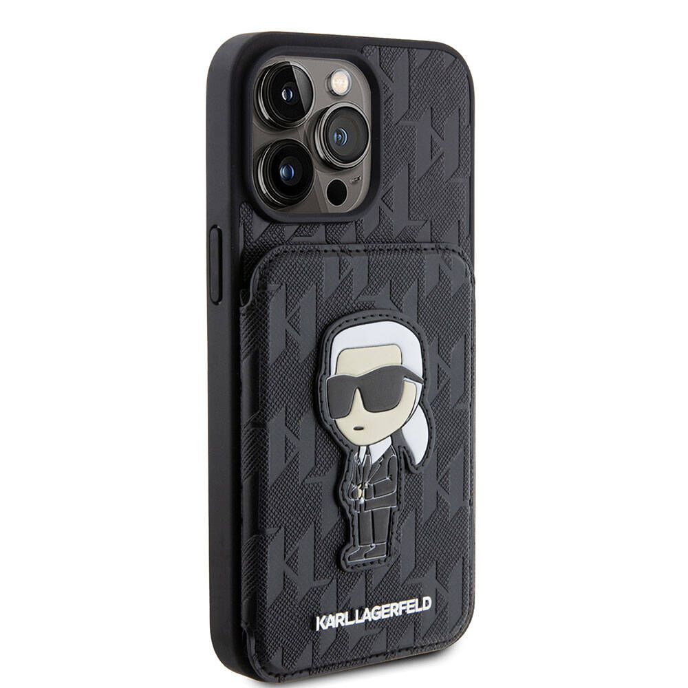 iPhone Uyumlu 15 Pro Max Kılıf Karl Lagerfeld Standlı Kartlıklı Saffiano Monogram İkonik Metal Logo Orjinal Lisanslı Kapak