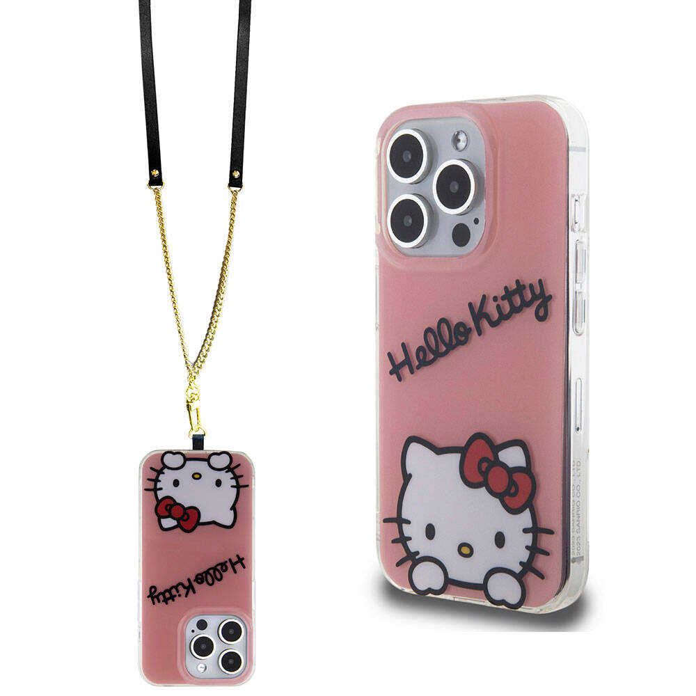 iPhone Uyumlu 15 Pro Kılıf Hello Kitty Orjinal Lisanslı Askılı Yazı ve İkonik Logolu Daydreaming Kapak