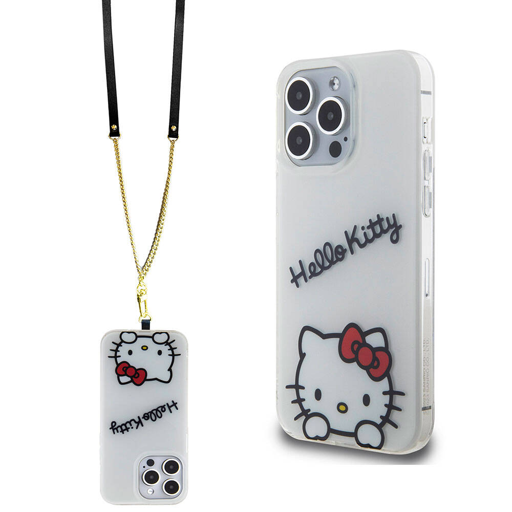 iPhone Uyumlu 15 Pro Max Kılıf Hello Kitty Orjinal Lisanslı Askılı Yazı ve İkonik Logolu Daydreaming Kapak-Beyaz