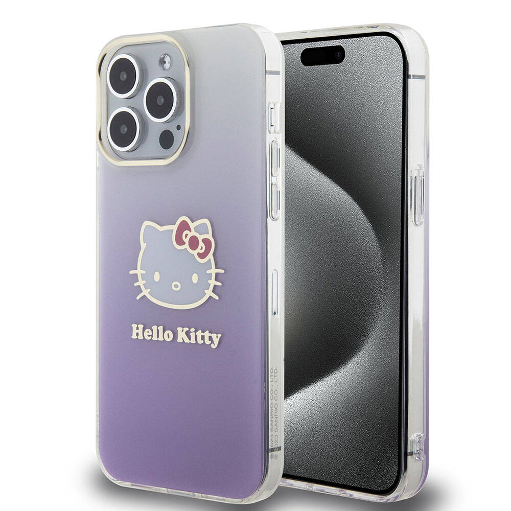 iPhone Uyumlu 15 Pro Max Kılıf Hello Kitty Orjinal Lisanslı Yazı ve İkonik Logolu Elektroplating Kaplama Gradyan Kapak-Mor