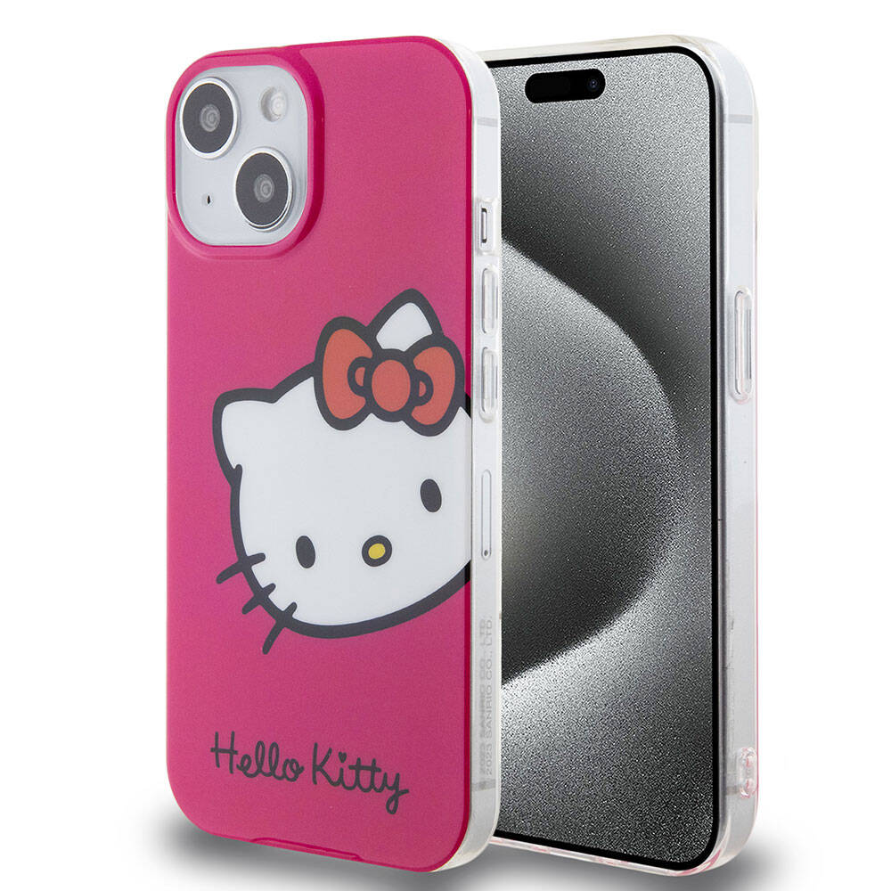 iPhone Uyumlu 15 Kılıf Hello Kitty Orjinal Lisanslı Yazı ve İkonik Logolu Kitty Head Kapak-Pembe