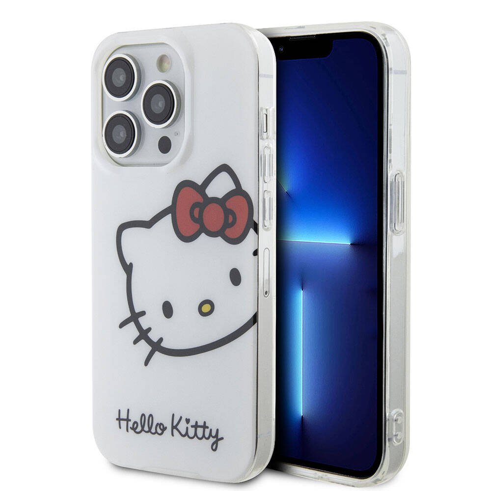 iPhone Uyumlu 15 Pro Max Kılıf Hello Kitty Orjinal Lisanslı Yazı ve İkonik Logolu Kitty Head Kapak-Beyaz