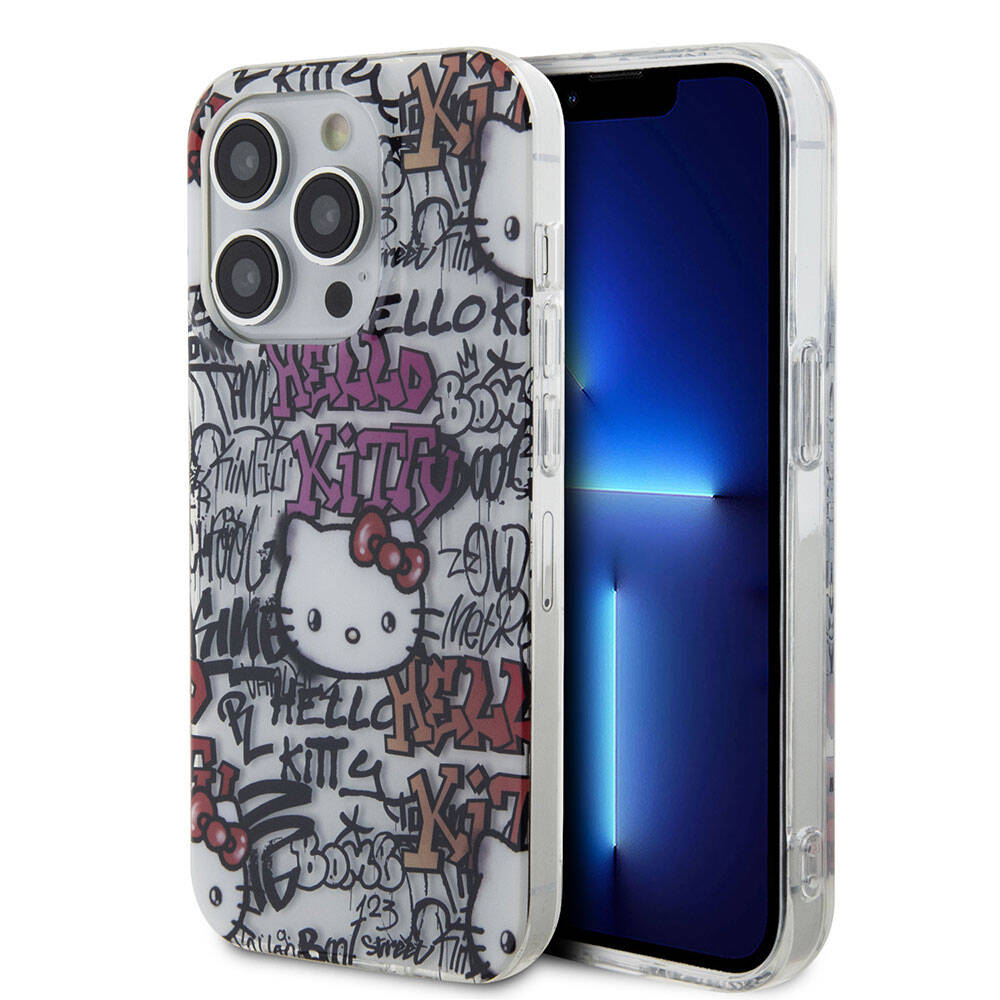 iPhone Uyumlu 15 Pro Kılıf Hello Kitty Orjinal Lisanslı İkonik Logolu Etiket Graffiti Kapak-Beyaz