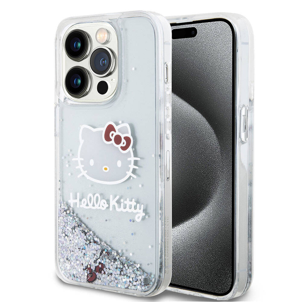 iPhone Uyumlu 15 Pro Kılıf Hello Kitty Orjinal Lisanslı İkonik Sıvılı Glitter Kapak-Renksiz